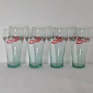 Vintage 1997 Coca Cola Christmas Holly Bells, Green Fountain Glass Set/4